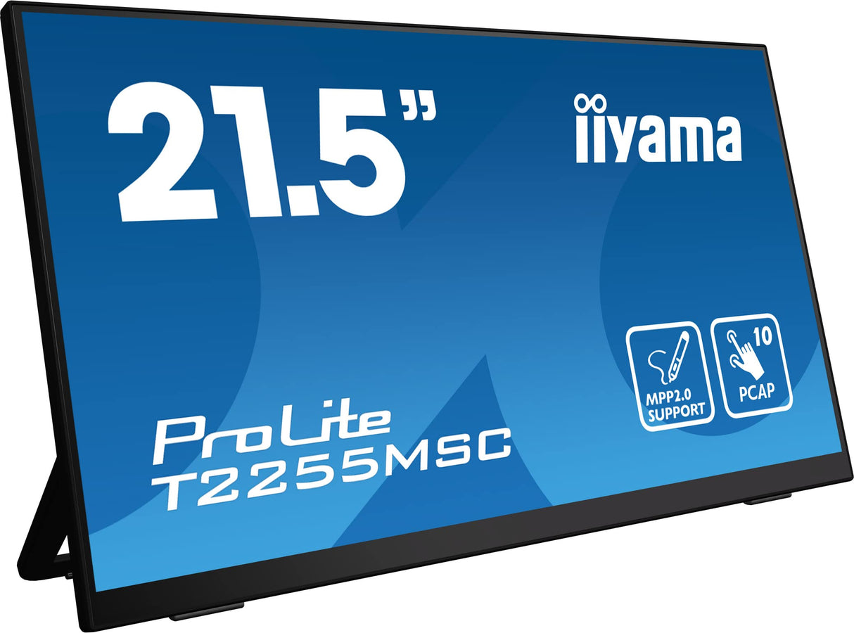 iiyama T2255MSC-B1 21,5" Bonded PCAP 10P Táctil, MPP2.0 (Active Stylus) Supported, 1920x1080, Panel IPS, Flat Bezel Free Glass Front, HDMI, Displayport, 400cd/m², USB Hub 2X 3.0, Altavoces, Bookstand