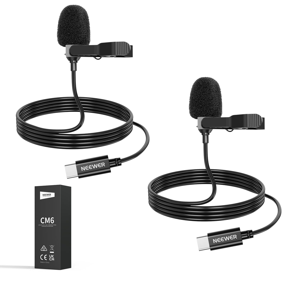 NEEWER Mini Micrófono de Solapa USB C, 2 Pack Compatible con iPhone 16 15 Pro MAX, Teléfono Android, Tableta, PC, Micrófono de Solapa de Condensador Omnidireccional con Clip y Cable de 2m/6.6ft