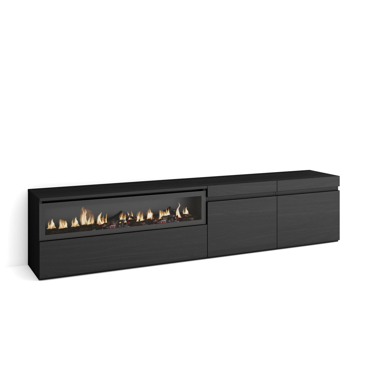 Skraut Home | Mueble TV | Televisión | Muebles de salón, almacenaje | 200x45x35cm | para TV hasta 80" | Chimenea eléctrica | Estilo Moderno | Negro