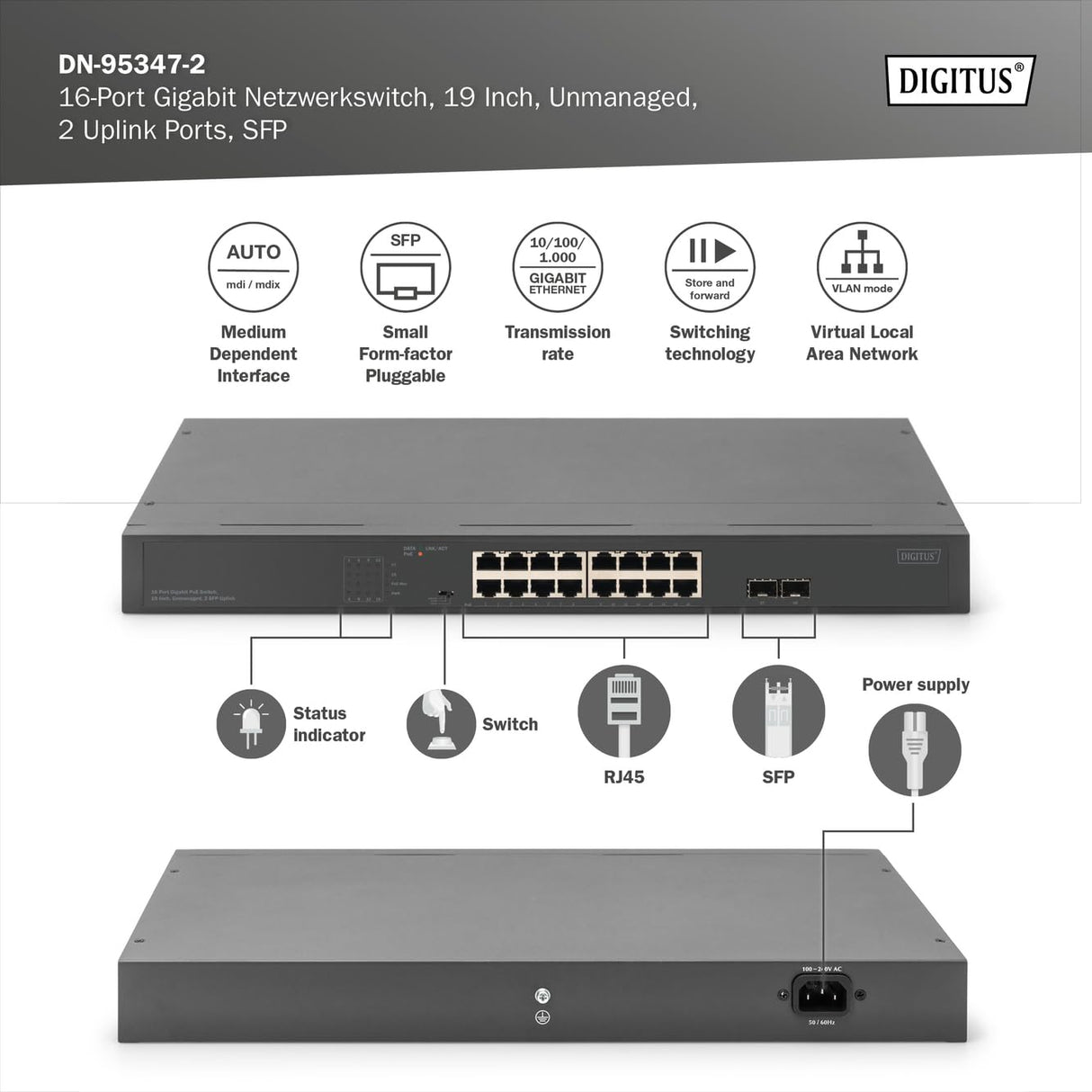 DIGITUS Conmutador de Red PoE de 19 Pulgadas - 16 Puertos Gigabit + 2 Puertos Gigabit SFP - No gestionado - VLAN - 250W PoE Power Budget - 10/100/1000 Mbit/s - Negro
