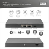 DIGITUS Conmutador de Red PoE de 19 Pulgadas - 16 Puertos Gigabit + 2 Puertos Gigabit SFP - No gestionado - VLAN - 250W PoE Power Budget - 10/100/1000 Mbit/s - Negro