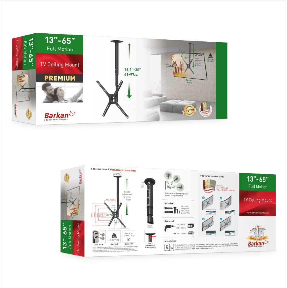 Barkan Soporte de TV de Techo, 97cm de Largo Giratorio e inclinable para Pantallas de 13-65 Pulgadas, Peso máximo 40Kg, Telescópico de Altura Ajustable, para LED OLED LCD, hasta VESA 400x400