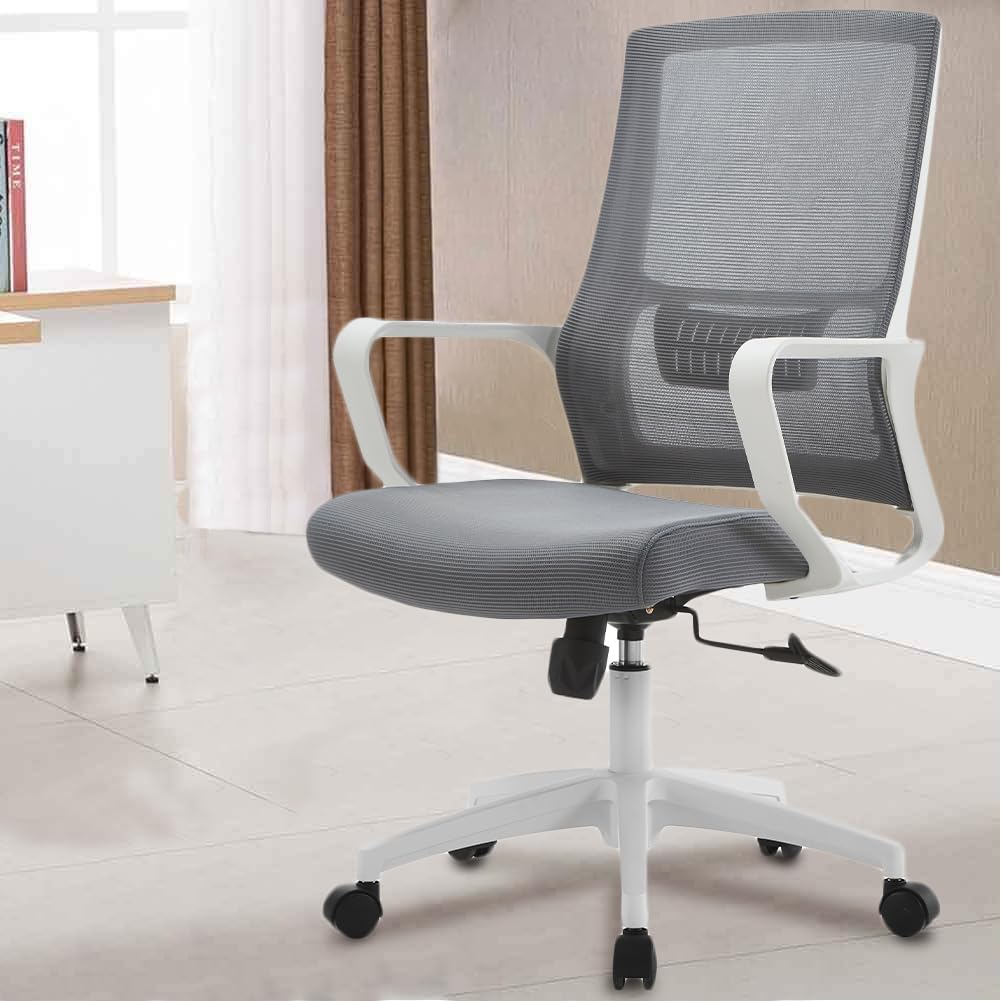 Shally Dogan Silla de Oficina ergonómica giratoria con Soporte Lumbar, sillón de Escritorio, Estudio, Dormitorio, reclinable con Altura Ajustable, Base Blanca Robusta, Respaldo antisudor (Gris)