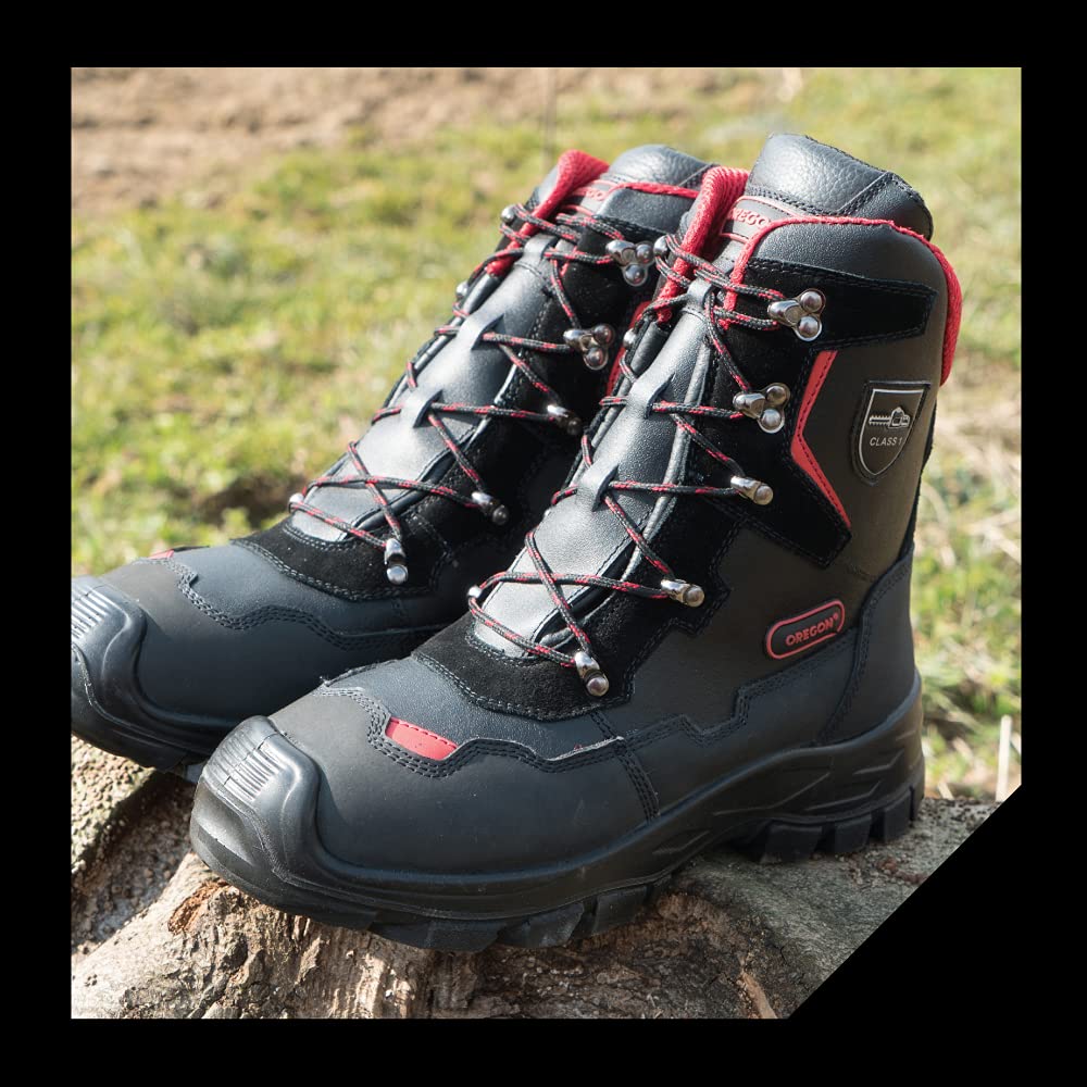 Oregon 295449/40 Yukon Clase 1 (20 m/s) -Botas Protectoras para Motosierra de Piel, Negro/Rojo, 39,5