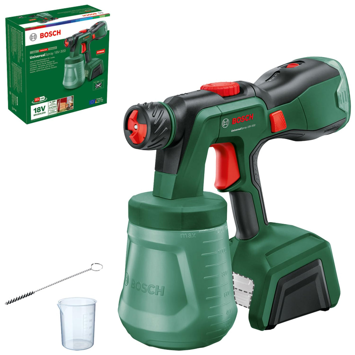Bosch pulverizador Pintura con batería UniversalSpray 18V-300 (pulveriza Pintura de látex/emulsión, Barniz y Laca; 2 m²/min; depósito 1200 ml; Sistema 18V; sin batería)