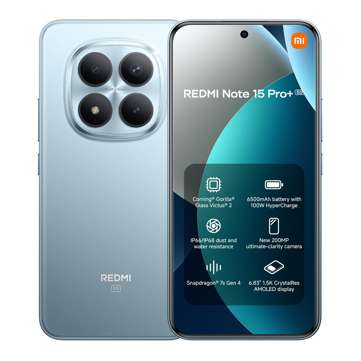XIAOMI REDMI Note 15 Pro+ 5G - Smartphone de 8+256GB, Pantalla AMOLED 6,83" 1.5K AMOLED, Snapdragon 7s Gen 4, cámara de 200 MP, Hypercharge 100W, Cargador no Incluido, Azul Glaciar (Versión ES)