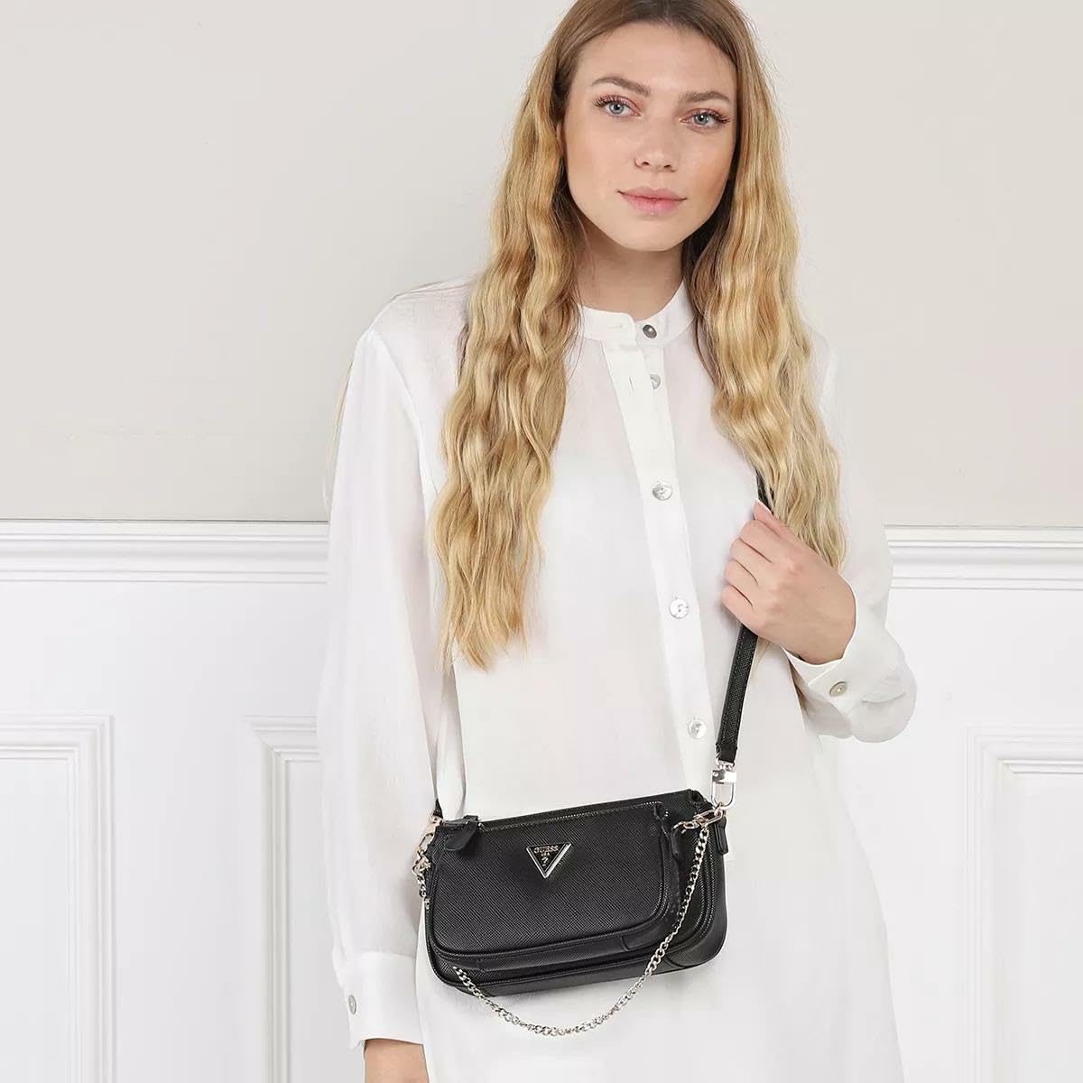 GUESS Noelle Double Pouch Crossbody, Bag Women, Negro, One Size