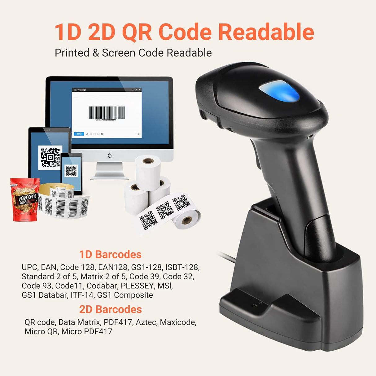 Tera Escáner de código de Barras 2D QR inalámbrico con Base de Carga USB Lector de códigos de Barras de Mano Escaneado rápido y preciso 2D QR 1D códigos de Barras 3en1, D6100-NEW
