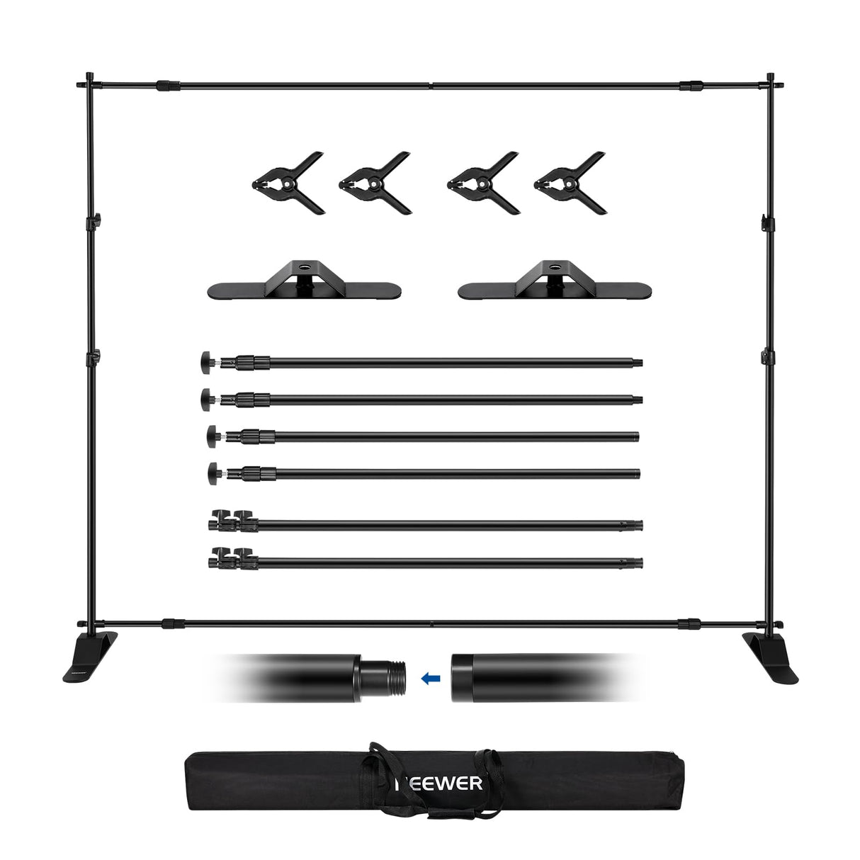 NEEWER Soporte de telón de fondo resistente con bases ampliadas, soporte de fondo de 10 x 8 pies con 4 barras transversales, 2 postes telescópicos, 4 clips de resorte y bolsa de transporte para sesión