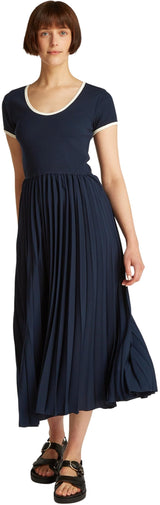 Tommy Hilfiger Vestido Mujer Contrast Soft Pleat Fit & Flare, Azul (Dark Night Navy), XS