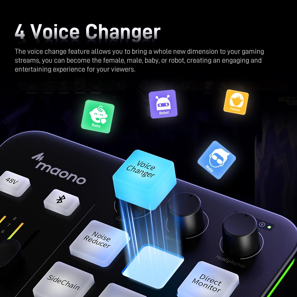 MAONO Mezclador de audio para juegos, interfaz de audio con preamplificador profesional, RGB, Bluetooth, alimentación fantasma de 48 V para transmisión en vivo, podcasting, creación de contenido,