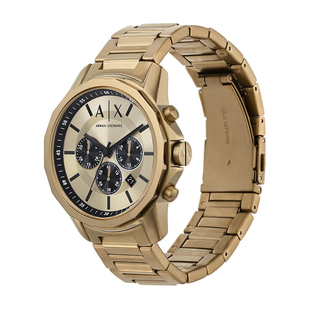 Armani Exchange Reloj Tono Oro para Hombre, Movimiento cronógrafo Cuarzo y Caja 44mm con Correa Acero Inoxidable, Tono Dorado y Crema