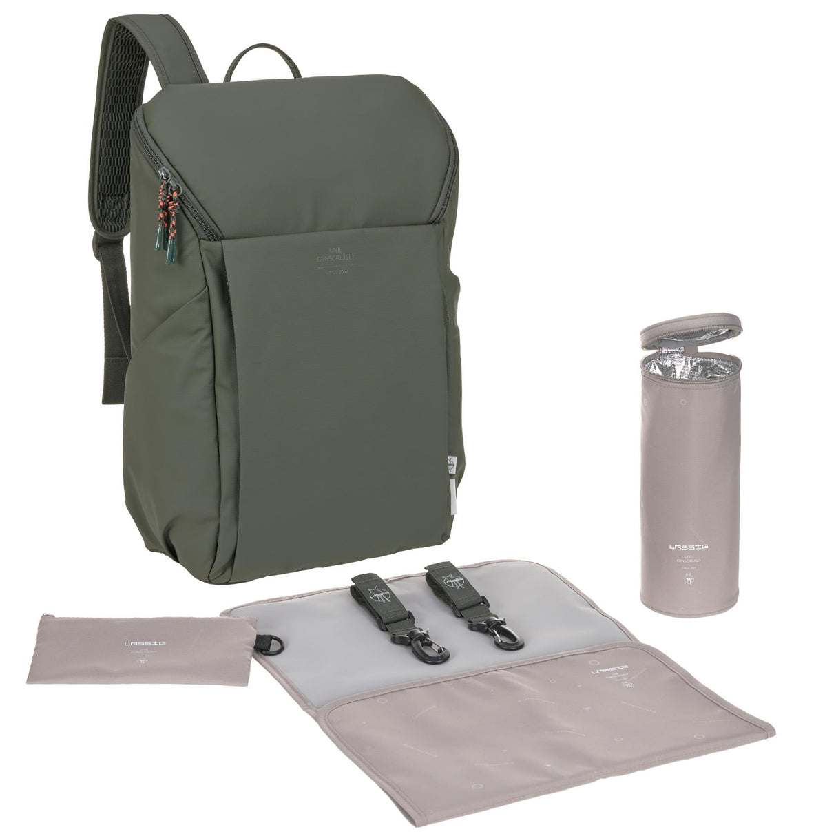 LÄSSIG Mochila con cambiador, enganche para cochecito y portabiberón/GRE Slender Up Backpack olive