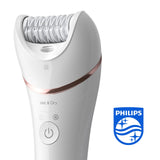 Philips Depiladora Mujer Serie 8000, 9 en 1, Para Cuerpo, Cara, Pies y Bikini, Uso en Seco o Humedo, Piel Suave desde Casa, Cabezal Ceramico, BRE740/10, Blanco