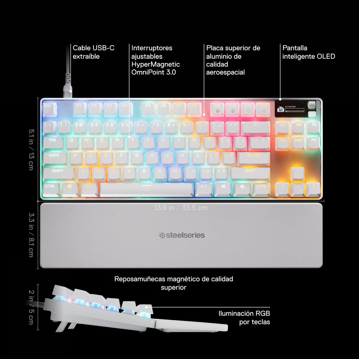SteelSeries Apex Pro TKL Gen 3 Blanco - Teclado Mecanico Gaming - HyperMagnetic Interruptores OmniPoint 3.0 - Accionamiento Ajustable - Rapid Trigger - Preajustes - Rapid Tap - RGB - OLED - US QWERTY