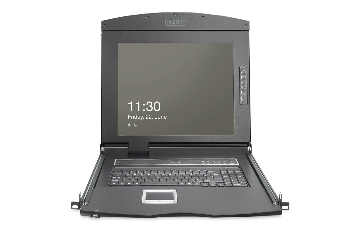 DIGITUS Consola KVM 19" - FullHD - Conmutador de 8 puertos Cat 5 - Teclado GE - para armarios de servidor y red de 19 pulgadas - negro