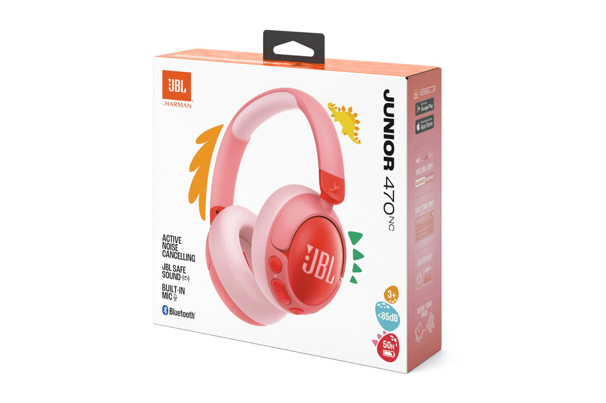 JBL Junior 470 NC, Auriculares supraaurales e inalámbricos para niños, Bluetooth, cancelación Activa de Ruido, volúmen hasta 85 dB, 50 hrs de batería, Set de Pegatinas, diseño Plegable, Rosa