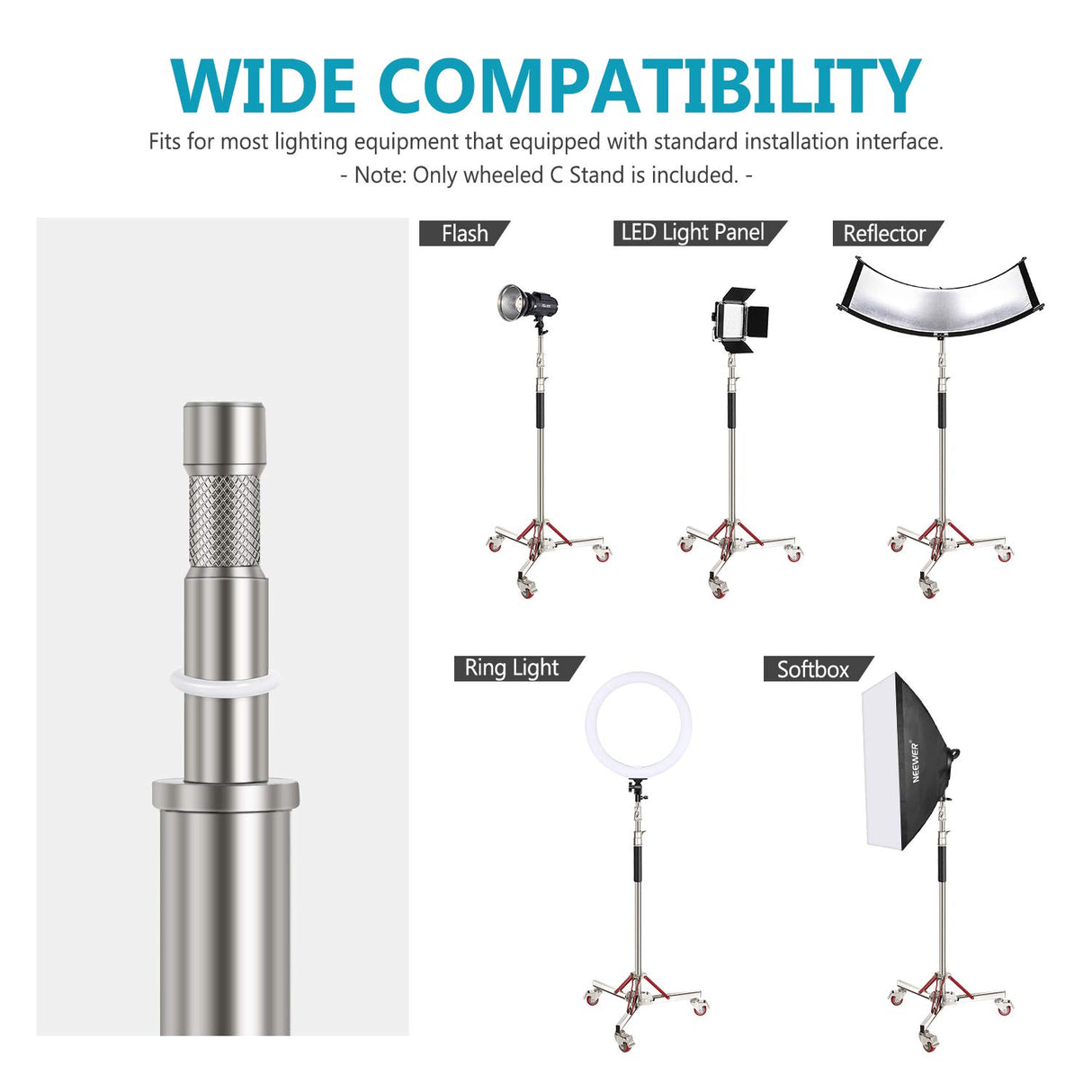 NEEWER Soporte de Luz de Servicio Pesado con Ruedas Soporte de Trípode Ajustable con 100% Acero Inoxidable Soporte de Base con Ruedas Compatible con Fotografía Softbox de Estudio Altura Máx: 305 cm