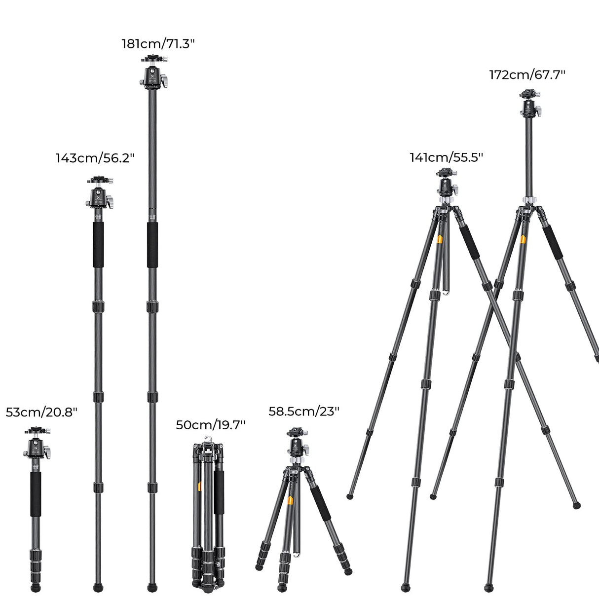 K&F CONCEPT Trípode Cámara,173cm Trípode de Carbono Fotografía Compacto y Professional con 360° Rótula de Bola y Placa de Liberación para Cámara DSLR Carga 16kg
