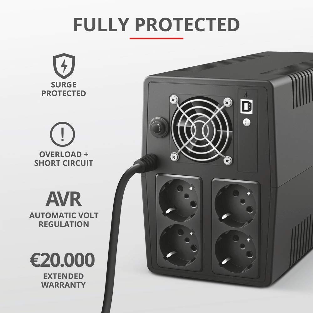 Trust Paxxon SAI PC 1500 VA Sistema de Alimentación Ininterrumpida, 4 Tomas de Pared Schuko, UPS con Batería Incorporada, Protección Incorporada contra Sobrecarga o Descarga, Ordenador, Smart TV