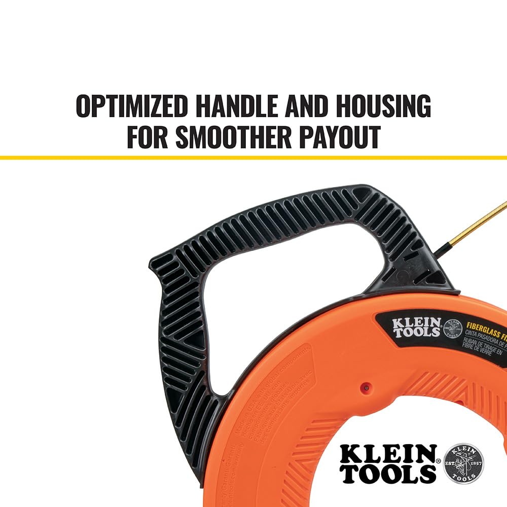 Klein Tools Cinta de pescado, extractor de alambre de fibra de vidrio con líder de acero en espiral, carcasa optimizada y mango, 15 m 56350