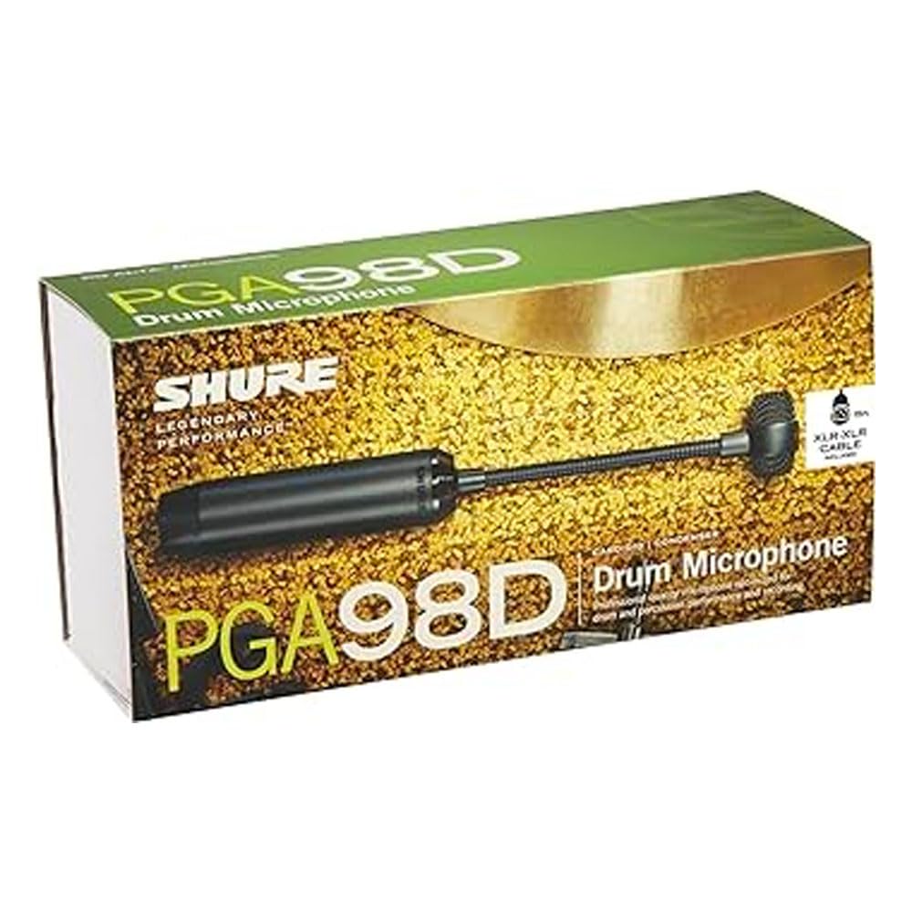 SHURE PGA98D - Micrófono dinámico de condensador para batería con cuello de cisne con soporte para batería y cable XLR a XLR