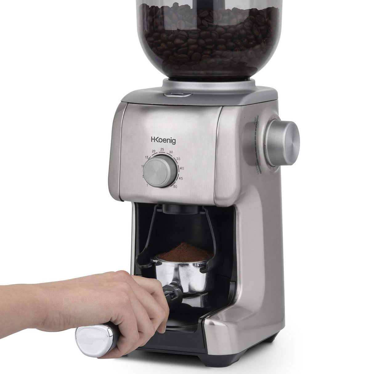H.Koenig Molinillo de café eléctrico profesional GRD830, Trituradora pro, Sistema de molido cónico, 16 tamaños de molido, Potencia 130W, 400g, Molinillo extraíble, Cuerpo de aluminio, Fácil limpieza