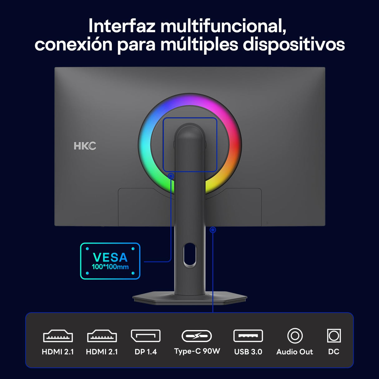 HKC G27M7Pro Monitor para Juegos de 27", Mini LED IPS, UHD 160 Hz/FHD 320 Hz, 1 ms DIC, HDR1400, 98% DCI-P3, Adaptive Sync, USB-C 90 W, 2× HDMI 2.1, DP 1.4, Soporte Ajustable en Altura, VESA 100×100