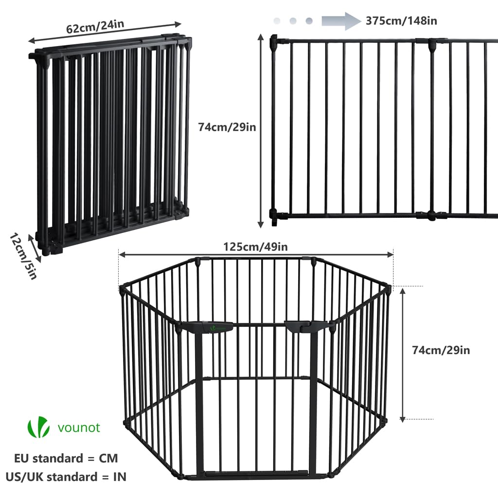 VOUNOT® Barrera de Seguridad Multifunción 6 Paneles, Rejilla de Protección de Metal para Chimenea Puertas Escaleras, Parque Recinto para Perros Corralito para Mascotas Valla Plegable, 74x375 cm, Negro