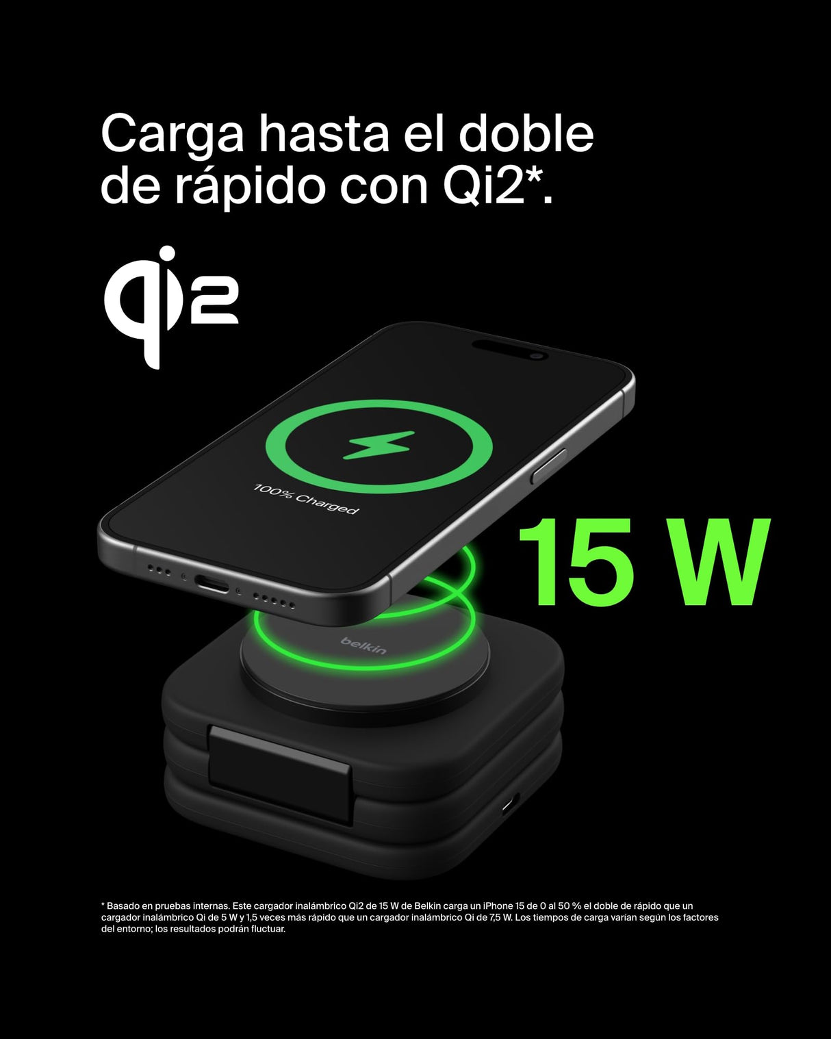 Belkin BoostCharge Pro Cargador inalámbrico Plegable 3 en 1 Qi2, Base de Carga magnética de Viaje 15 W, Soporte de Carga portátil con MagSafe para iPhone 16, 15, 14, Apple Watch 10 y AirPods
