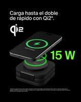 Belkin BoostCharge Pro Cargador inalámbrico Plegable 3 en 1 Qi2, Base de Carga magnética de Viaje 15 W, Soporte de Carga portátil con MagSafe para iPhone 16, 15, 14, Apple Watch 10 y AirPods