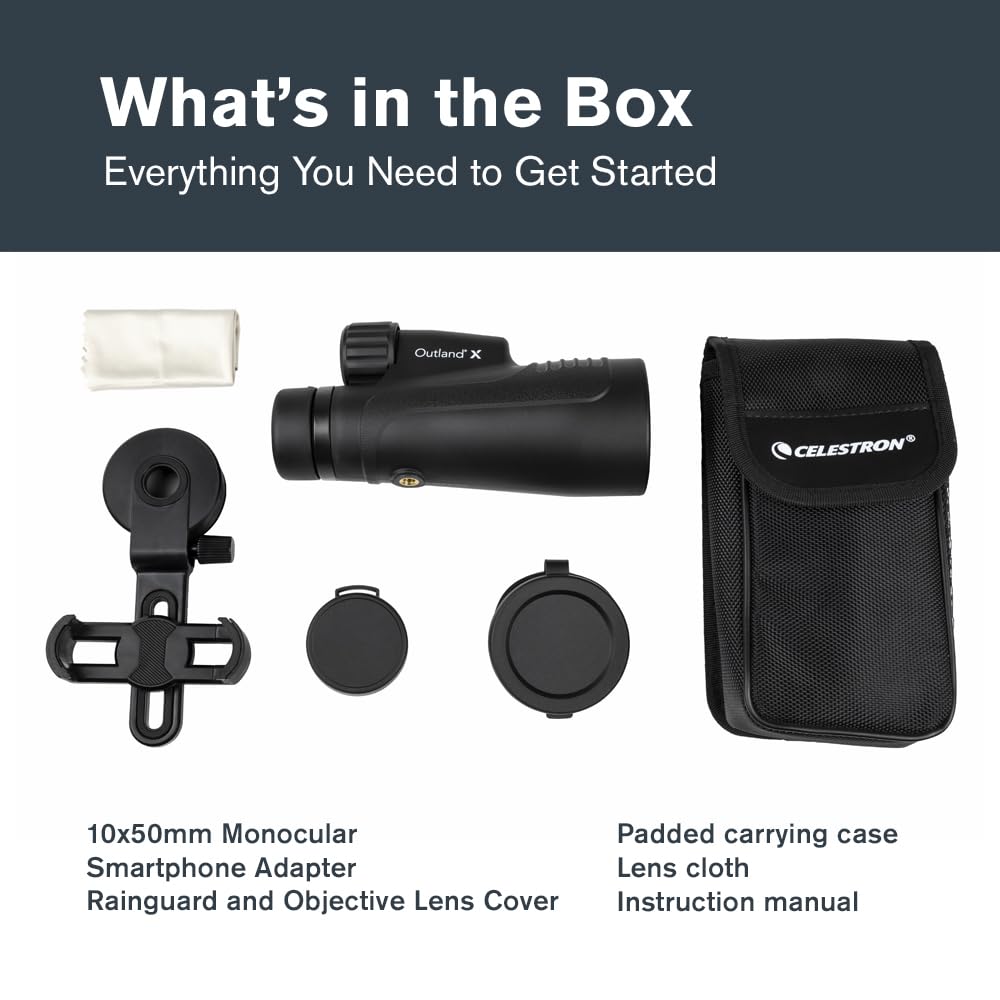 Celestron 72370 Outland X Monocular Resistente Agua 10x50 y Adaptador Smartphone, Bluetooth Remoto, Tapas oculares y Funda - Carcasa Resistente, Prisma BaK-4 y óptica Revestimiento múltiple, Negro