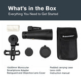 Celestron 72370 Outland X Monocular Resistente Agua 10x50 y Adaptador Smartphone, Bluetooth Remoto, Tapas oculares y Funda - Carcasa Resistente, Prisma BaK-4 y óptica Revestimiento múltiple, Negro