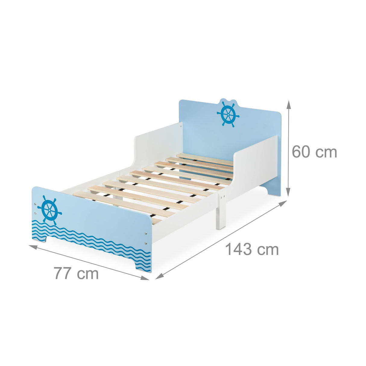 Relaxdays Cama Infantil con Diseño de Marinero, Bordes Anticaída, Somier Láminas, 60 x 77 x 143 cm, MDF, Blanco/Azul