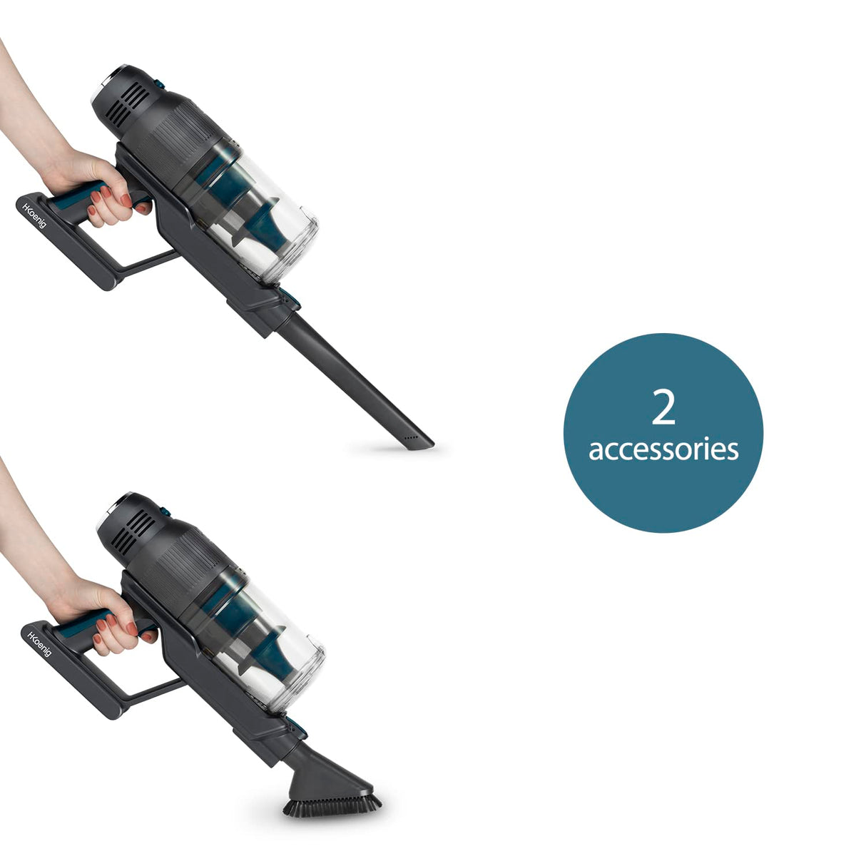 H.Koenig Aspirador Sin Cable 2 en 1 PowerFlex+ UPX26, Plegable, Autónomo hasta 40 Min, Sin Bolsa, Ligero, Ergonómico, 3 Potencias, 220 W, 0.8 Liters, Roja y Plateada