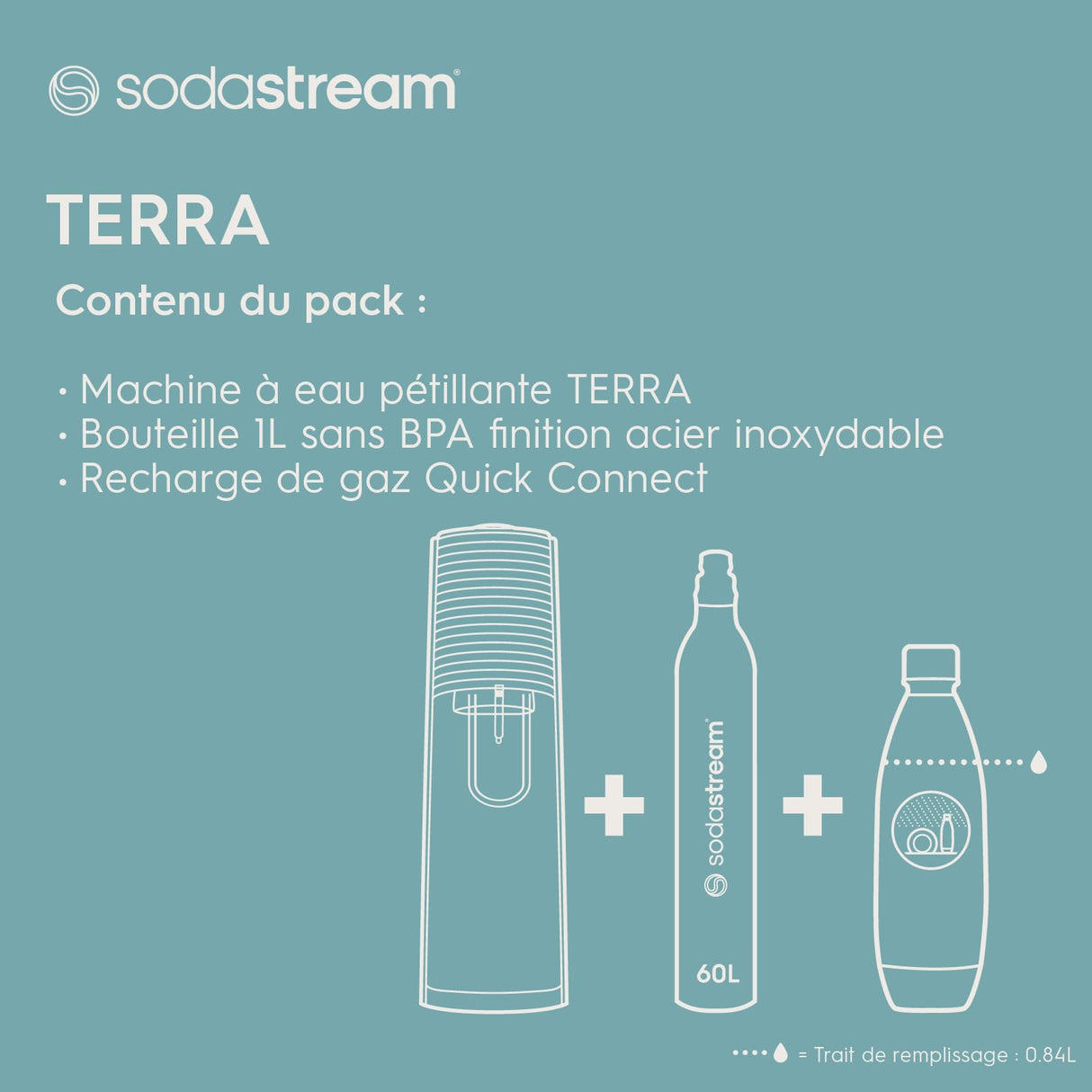 Sodastream Terra - Máquina de agua con gas y soda | Pack 1 botella de 1 l, acabado de acero inoxidable, compatible con lavavajillas + 1 recarga de gas de 60 l para clips, color blanco