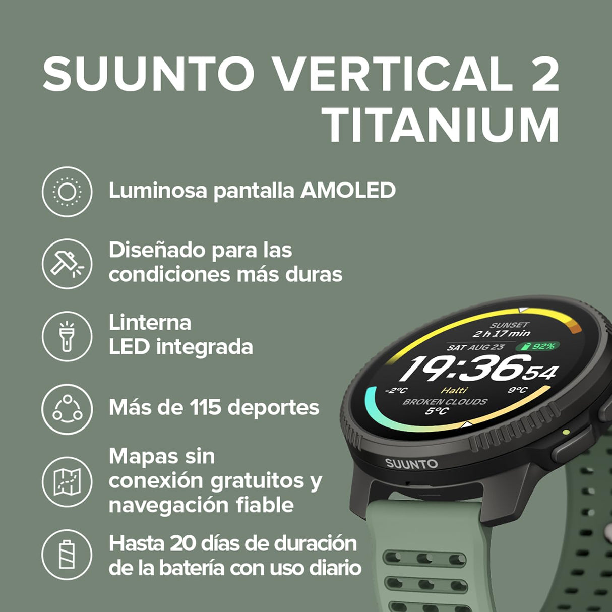 SUUNTO Vertical 2 Reloj GPS Robusto, Pantalla AMOLED, Linterna, 20 días de batería, mapas Offline y 115+ Modos Deportivos. Ideal para Aventuras y Uso Diario