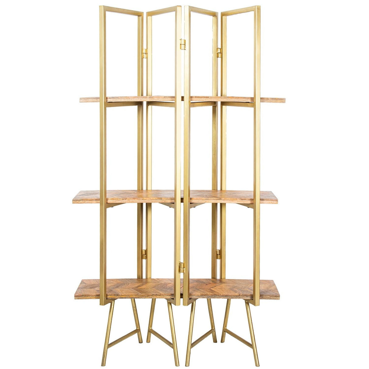 DRW Estanteria de Suelo de Metal con 3 baldas de Madera en Dorado y Natural 101x36x183 cm