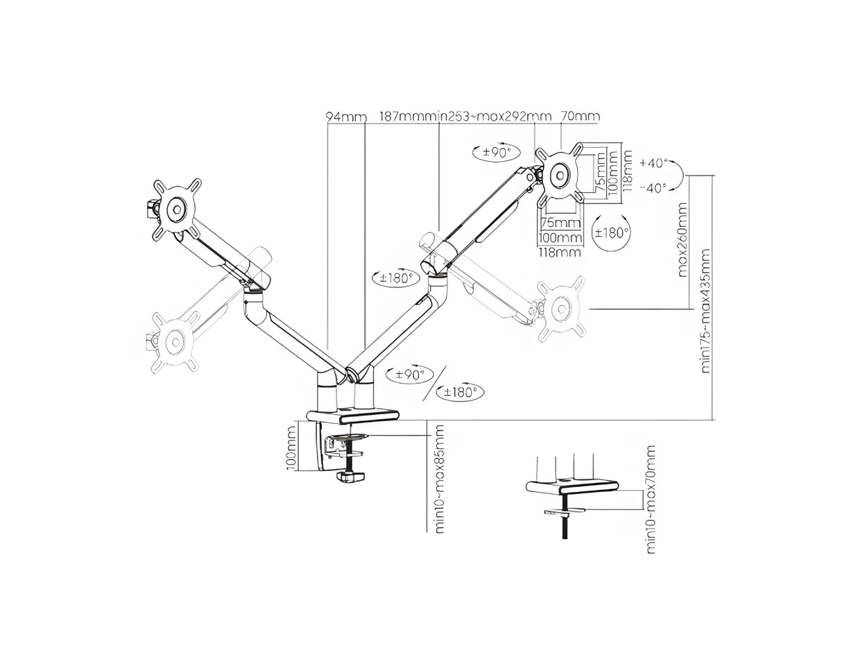 Doble Brazo, Soporte de Muelle para Escritorio, Muelle Mecánico, Estándar VESA, 17-32 Pulgadas, Función de Inclinación, Rotación del Brazo de 180°, HDWR SolidHand-BS02