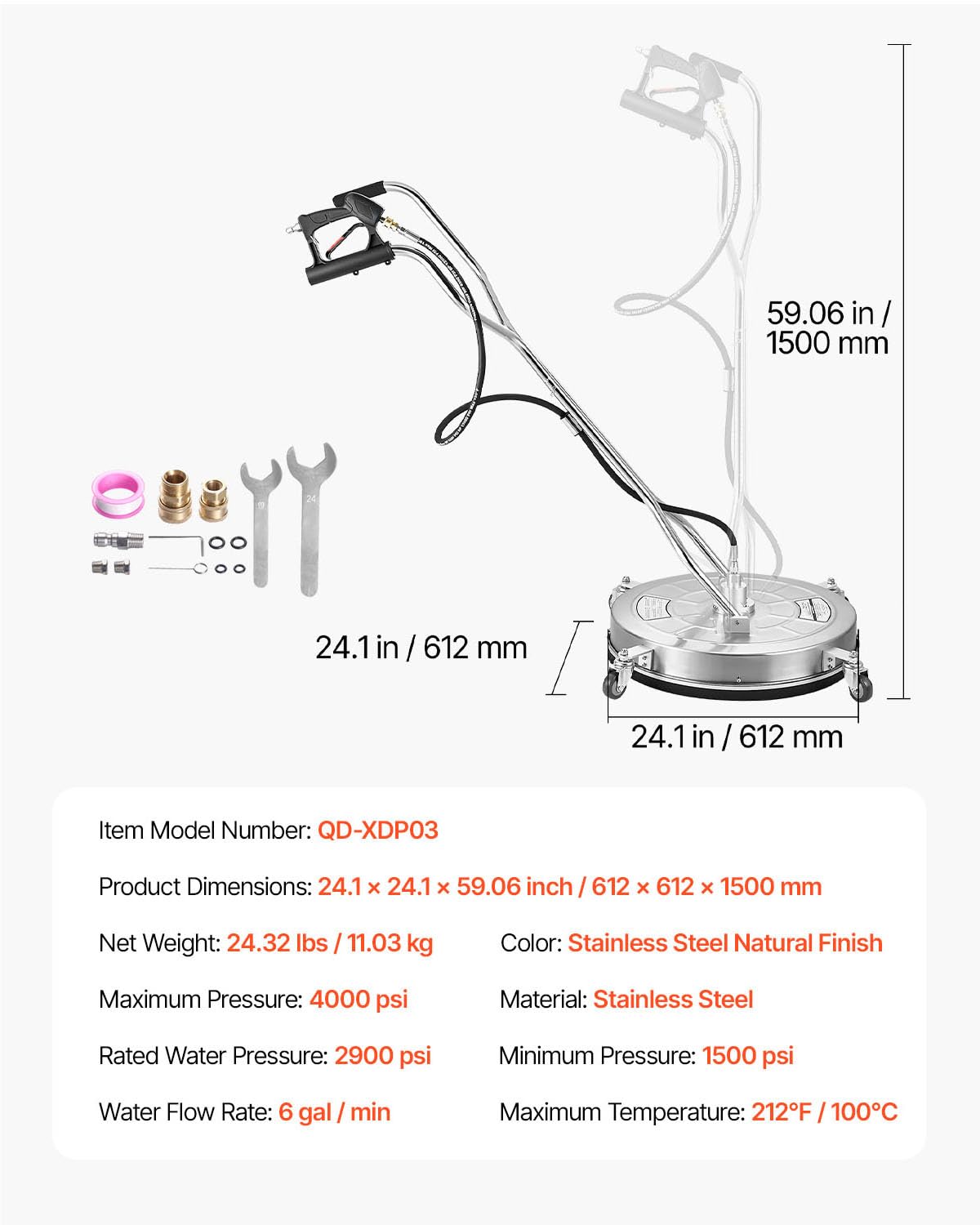 VEVOR Limpiador de Superficies con Hidrolavadora, Acero Inoxidable, 4 Ruedas, Forma Redondo, 27,58 Mpa máx., 2 Boquillas Rociadoras, Mango Doble, para Concreto, Patio, Acera, 612 x 612 x 1500 mm