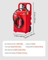 VEVOR Tanque de Combustible Portátil 121 L con Bomba de Transferencia de Combustible Eléctrica de 10 GPM, Manguera de 3,96 m, Boquilla Autosellante, Contenedor de Combustible para Diésel, Rojo