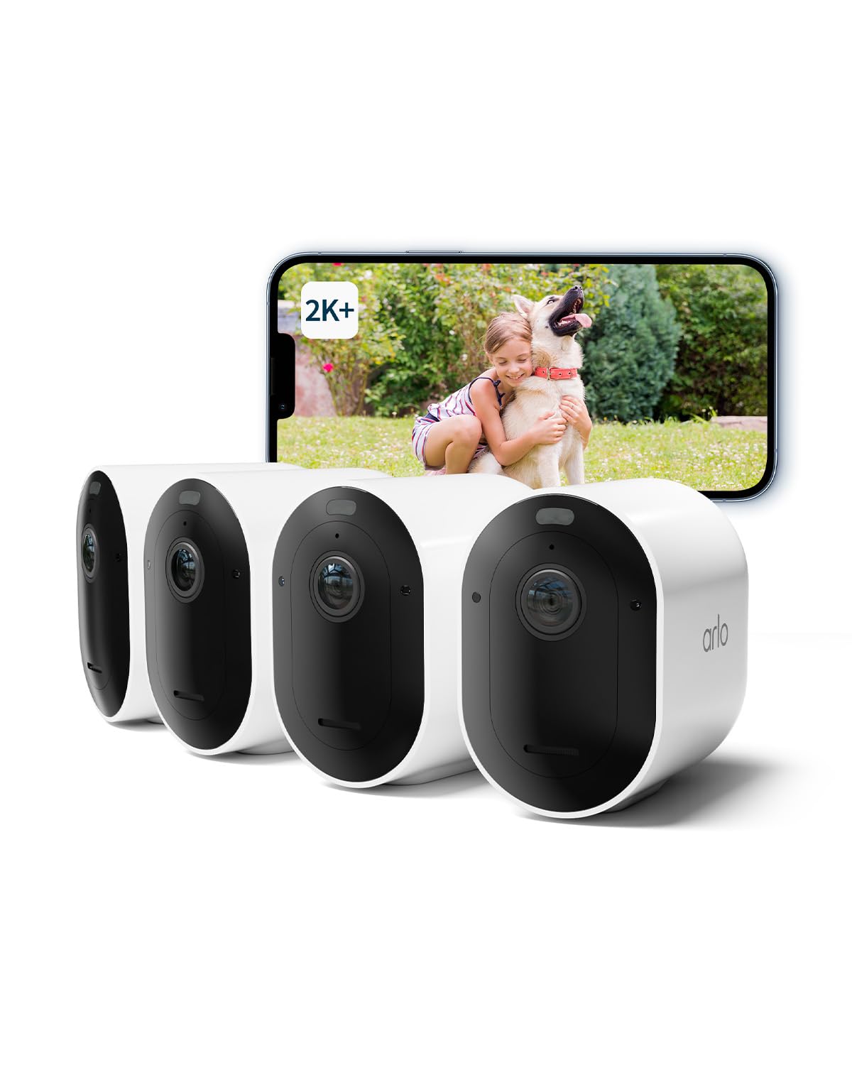 Arlo Pro 5 Camara de Vigilancia WiFi Exterior 2K, Camara Vigilancia WiFi Interior, Sensor de Movimiento, Alarmas Para Casa, Visión Nocturna Color, Prueba Arlo Secure Incluida, 4 Cámaras, Blancas