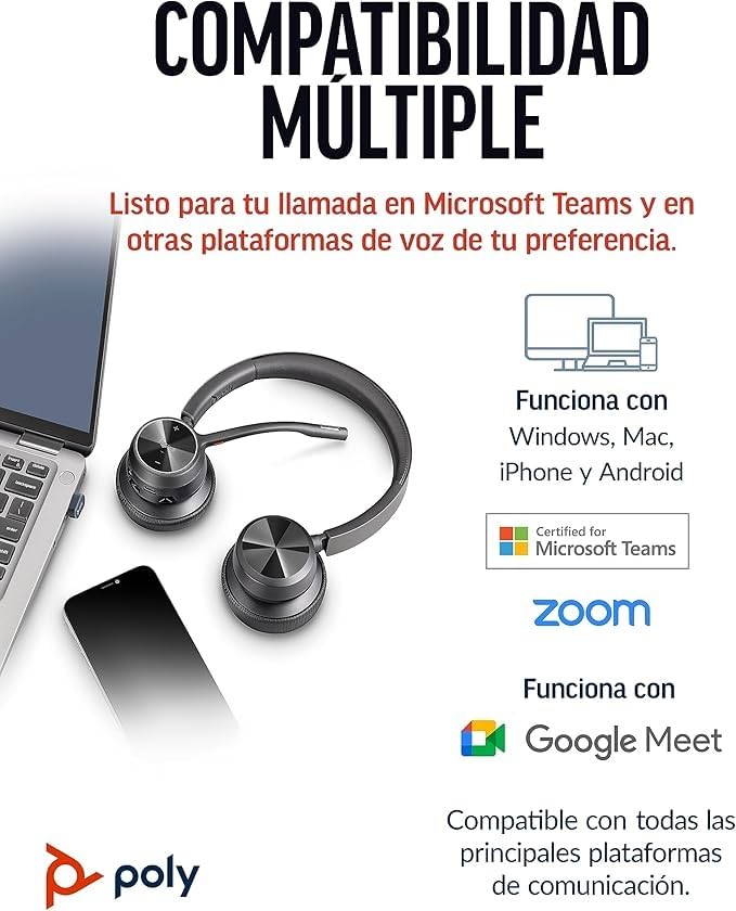 Auriculares inalámbricos Poly Voyager 4320 UC - Audífonos estéreo con micrófono de brazo con cancelación de ruido - Conexión Bluetooth a PC/teléfono móvil - Funciona: Teams (certificado), Zoom y más