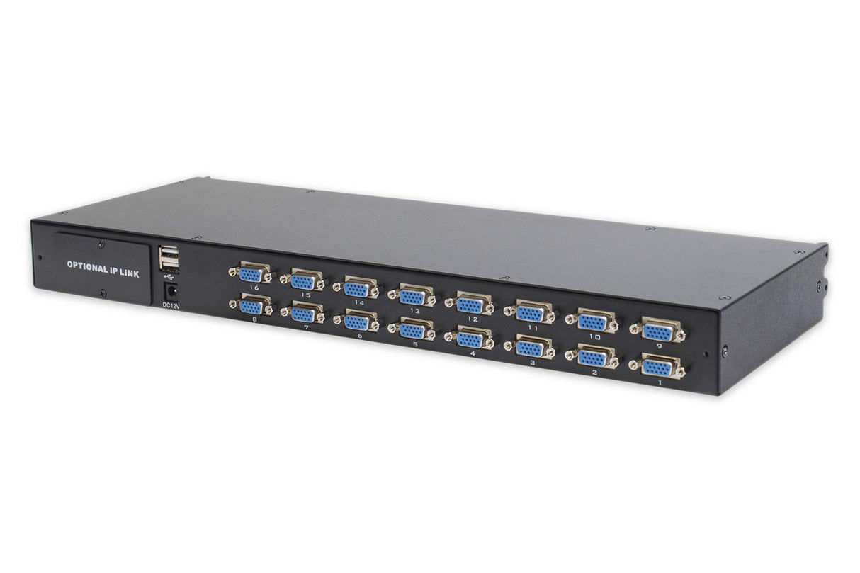 DIGITUS Conmutador KVM modular para consolas KVM , 16 puertos VGA, 16 cables de conexión de servidor (VGA, USB, PS / 2), en cascada, negro