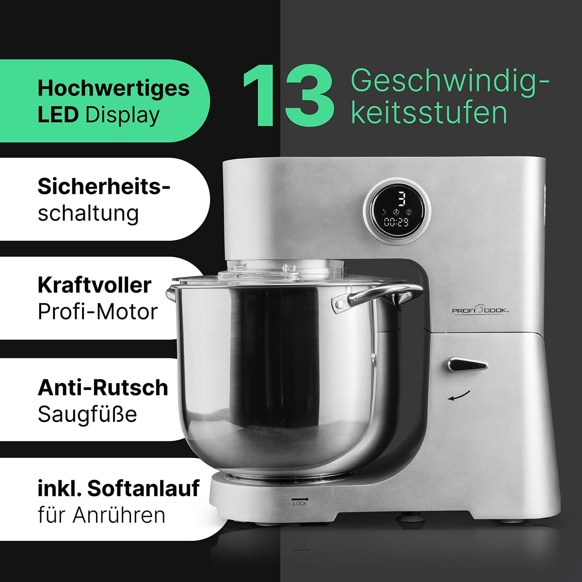 ProfiCook® robot de cocina | XXL | 12L bol | amasadora | motor 2500W | engranaje metálico | pantalla LED | robot de cocina | para hasta 8,5 kg de masa | 13 velocidades | PC-KM 1254 acero inoxidable