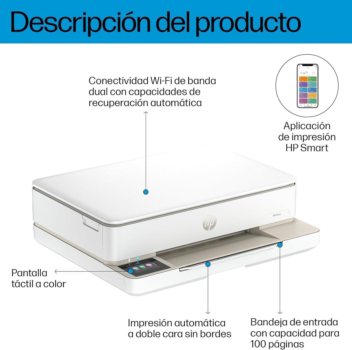 HP Envy 6120e 714L8B, Impresora multifunción de inyección de tinta A4 a color, Conexión Wi-Fi, Impresión a doble cara automática, hasta 10 ppm, 3 meses de impresión Instant Ink con HP+, Blanca