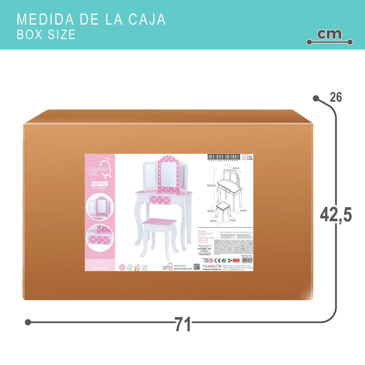 WOOMAX - Tocador niña, Maquillaje niña niño, Tocador de Madera Infantil con Taburete y Espejo Niña, Centro de Belleza con cajón, Juguetes educativos niños 3 años, Juguetes imitación (85388)