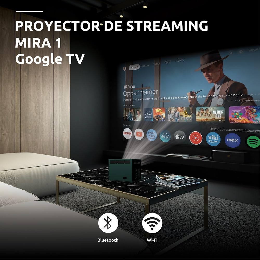 Strong MIRA1 Proyector De Video Oficial Google TV Smart 1080P con Soporte 4K, Enfoque Automático & Keystone, WiFi Bluetooth Portátil Proyector Exterior para iOS/Android/Cine En Casa