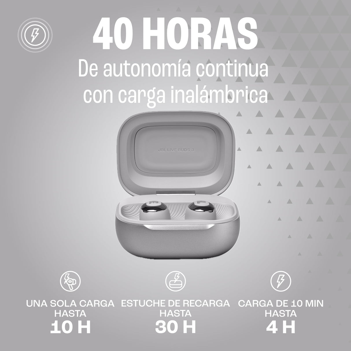 JBL Live Buds 3 Auriculares inalambricos de botón,True Wireless con cancelación de ruido adaptable, hasta 40 horas de reproducción, Bluetooth, audio de alta resolución, plateado
