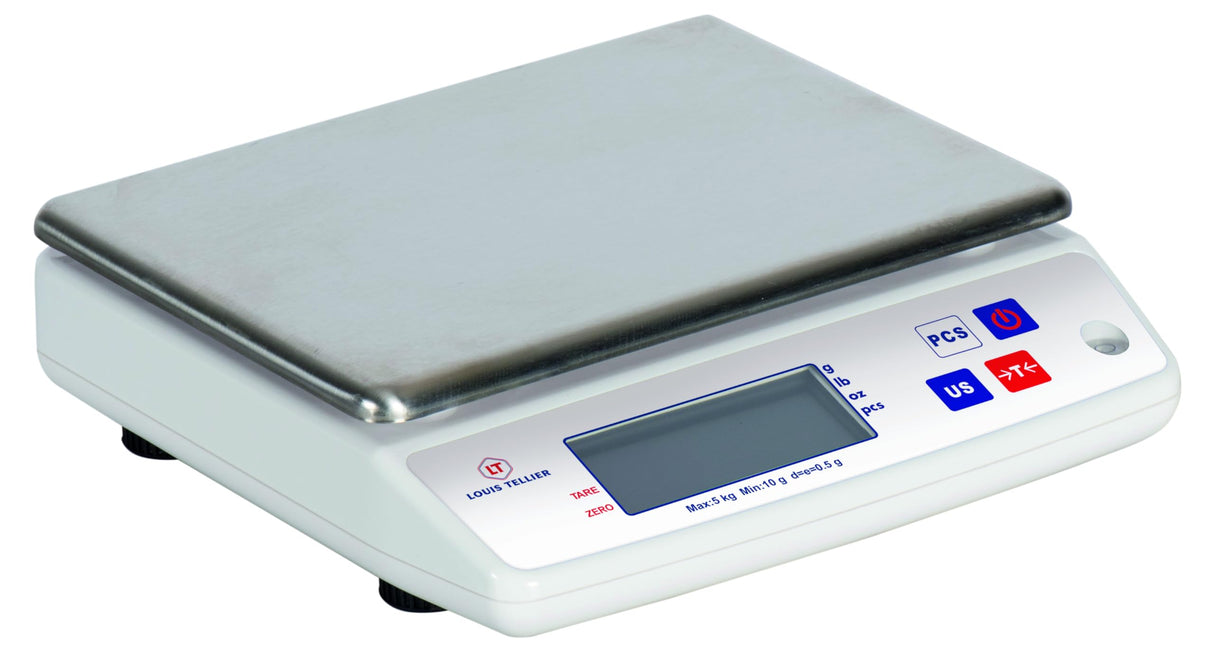 LOUIS TELLIER - Balanza Electrónica Profesional - 5kg - IP53 - Precisión 0,5 g - Bandeja Extraíble de Acero Inoxidable - Cocina - Panadería - 22 x 16,5 cm